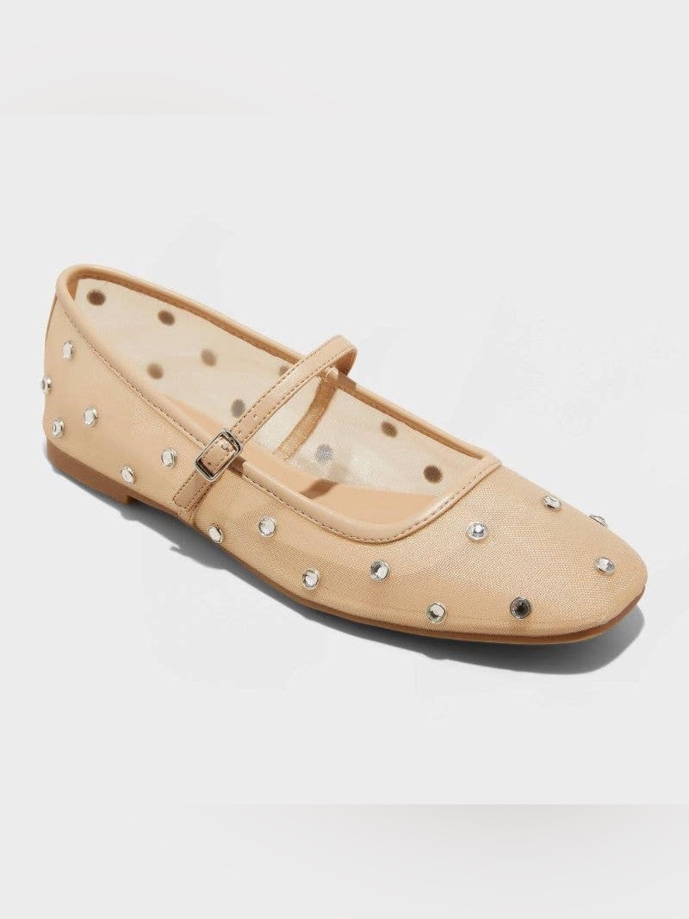 Mesh Nude Jeweled Mary Jane Flats